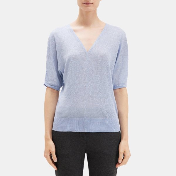 V-Neck Short-Sleeve Sweater in Knit Linen