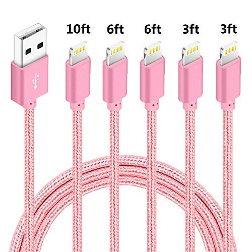 5Pack (3ft,3ft,6ft,6ft,10ft) Nylon Braided Charging Cord Charger Compatible with PhoneX/8/8Plus 7/7 Plus/6s/6s Plus/6/6 Plus/5s/55se,Pad,Pod (Peach)
