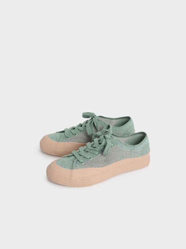 Sage Green Knitted Low-Top Sneakers | CHARLES &amp; KEITH