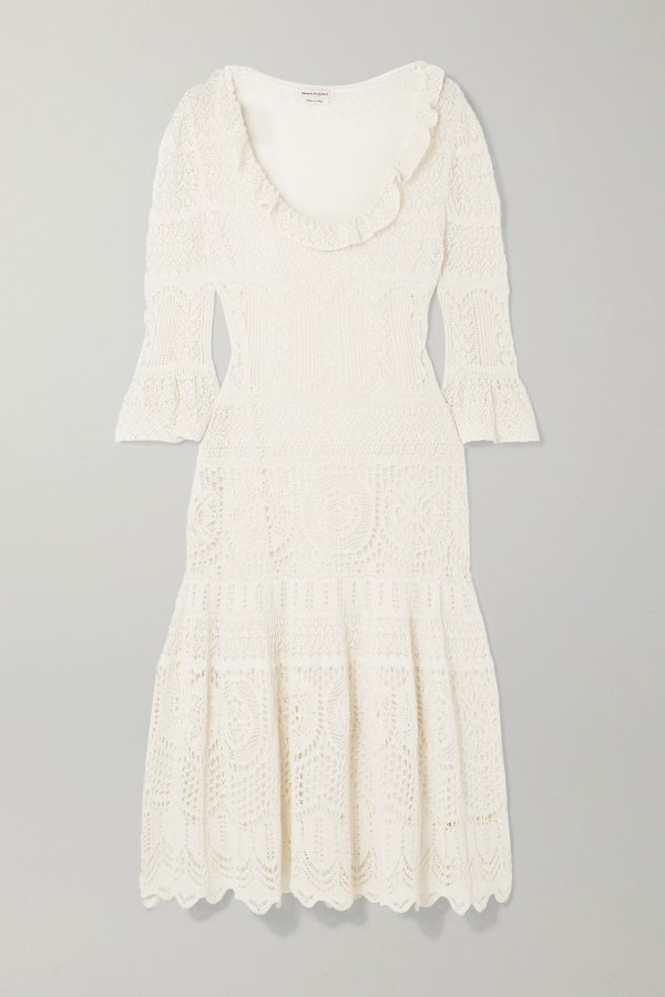 Ruffled crocheted cotton-blend midi dress