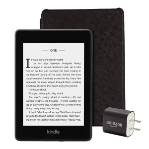 Kindle Paperwhite Essentials Bundle including Kindle Paperwhite 8GB - Wifi with Special Offers, Amazon Leather Cover - Black, and Power Adapter