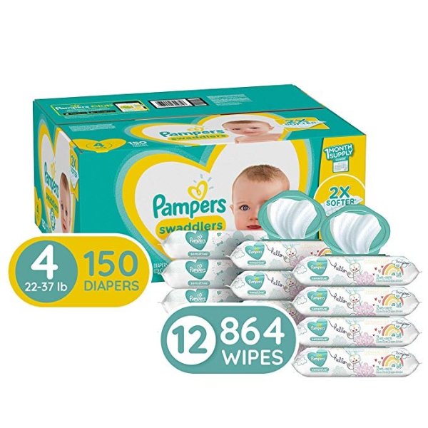Diapers Size 4, 150 Count and Baby Wipes - Pampers Swaddlers Disposable Baby Diapers, ONE Month Supply with Pampers Sensitive Water Baby Wipes, 864 Count