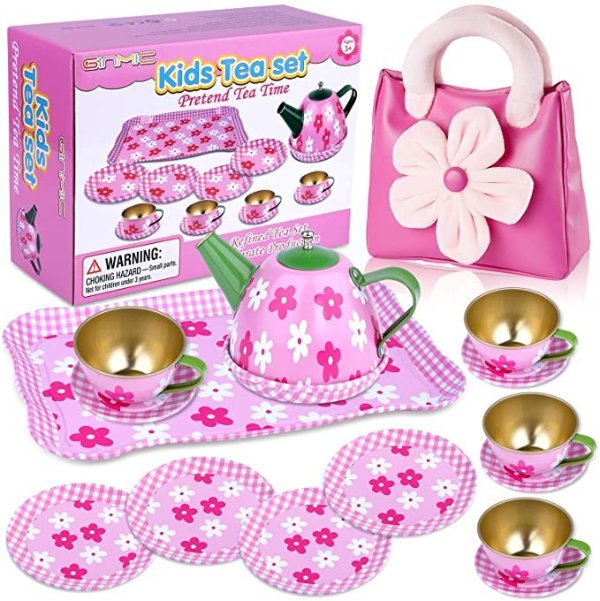 Pretend Play Tea Party Set for Little Girls, Tin Tea Set with Pink Party Purse, Perfect Pretend Toys Mini Kitchen Playset for Toddlers, Kids and Little Girls Age 2 3 4 5 6 7 Years