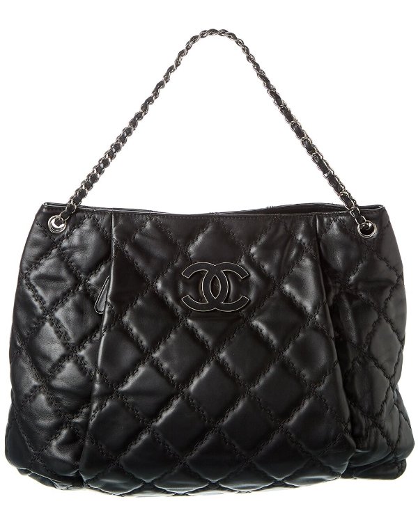 Black Quilted Calfskin Leather Large Double Stitch Hamptons Shoulder Bag (Authentic Pre-Owned)