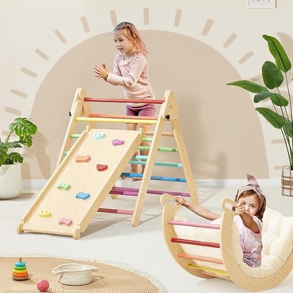 Tiny Land 5-in-1 Rainbow Pikler Triangle Set, Baby Climbing Toys Indoor Playground, Foldable Toddler Climbing Toys, Wooden Montessori Climbing Set for 2+ Years Old, Jungle Gym for Kids
