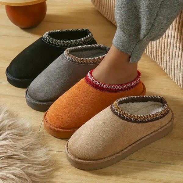 Women's Indoor Warm Slippers, Plush Lined Slip On Backless Snow Boots, Winter Flat Home Slippers