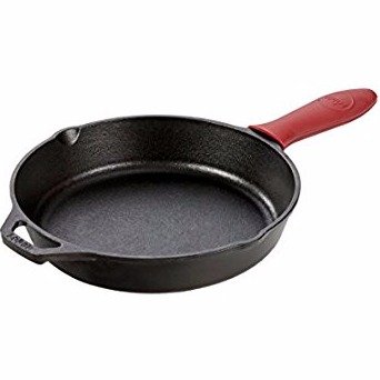 Cast Iron Skillet with Red Silicone Hot Handle Holder
