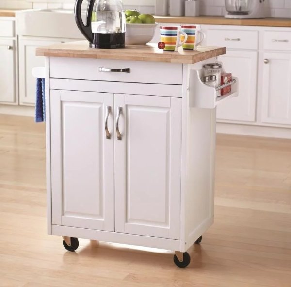 Kitchen Island Cart with Drawer and Storage Shelves, White