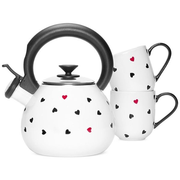 Heart-Print Tea Kettle & Stoneware Mugs Set, Created for Macy's