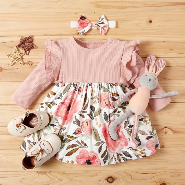 2-piece Baby / Toddler Floral Print Splice Dress and Headband Set