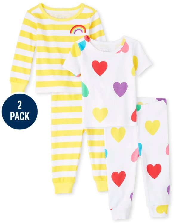 Baby And Toddler Girls Long And Short Sleeve Rainbow Heart Snug Fit Cotton Pajamas 2-Pack