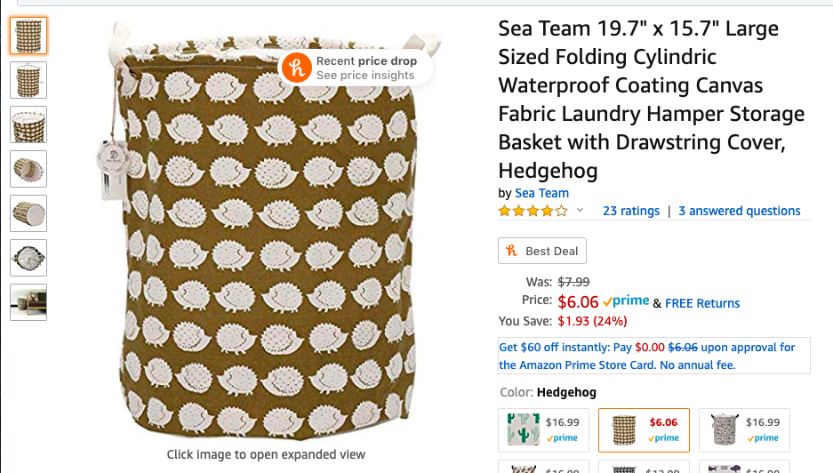 洗衣篮 Sea Team 19.7&quot; x 15.7&quot; Large Sized Folding Cylindric Waterproof Coating Canvas Fabric Laundry Hamper Storage Basket with Drawstring Cover, Hedgehog: Home &amp; Kitchen