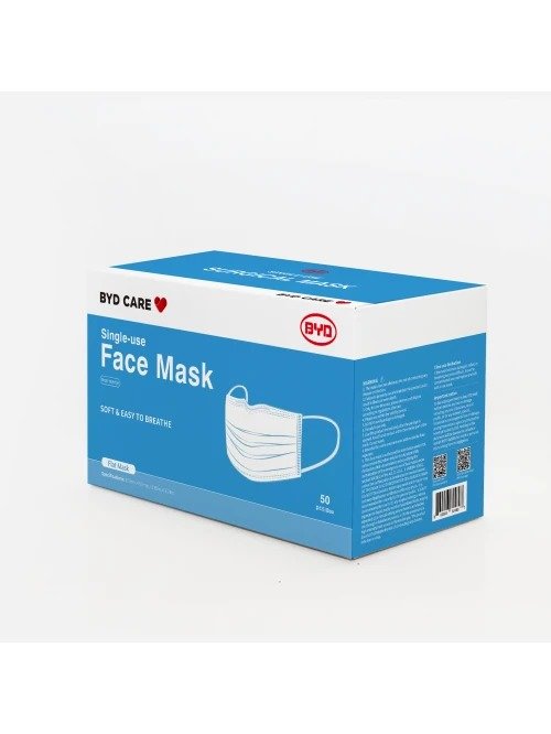 BYD Care 3-Ply Pleated Disposable Face Mask, Box of 50