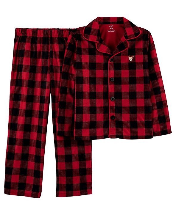 Little Boy or Girl 2-Pc. Buffalo-Check Reindeer Coat-Style Fleece Pajamas