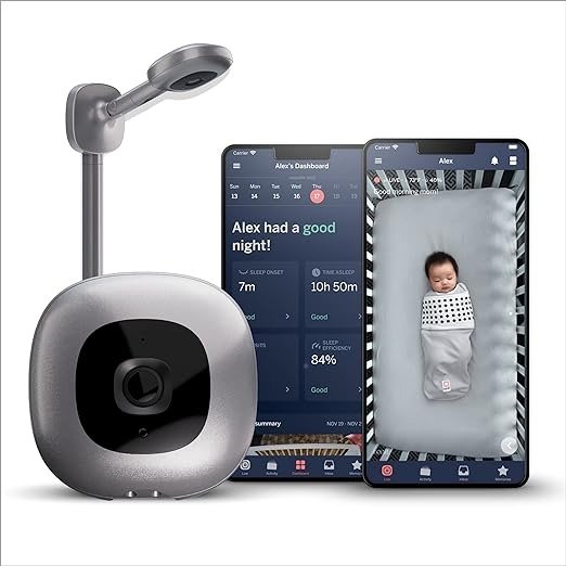 Pro Smart Baby Monitor & Wall Mount - 1080p Secure Wi-Fi Video Camera, Sensor-Free Sleep & Breathing Motion Tracker, 2-Way Audio, Sound & Motion Alerts, Night Vision, and Breathing Band - Silver