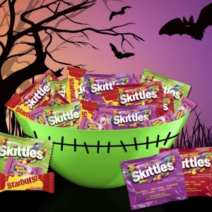 SKITTLES, STARBURST, and HUBBA BUBBA Gum Halloween Candy Bag, 200 Fun Size Pieces