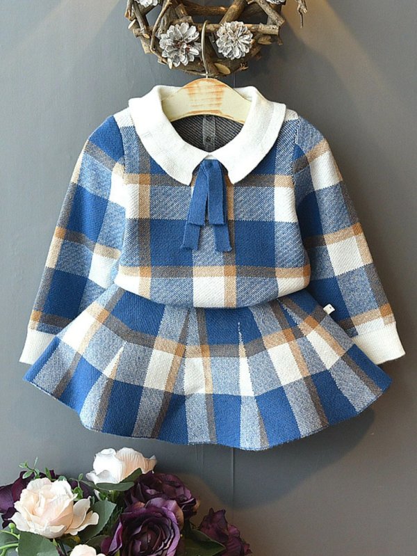 Toddler Girls Contrast Collar Plaid Sweater With Sweater Skirt