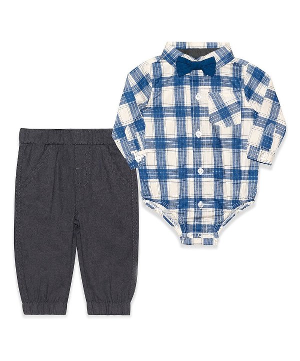 Blue Plaid Flannel Bow-Tie Bodysuit & Gray Joggers - Newborn & Infant