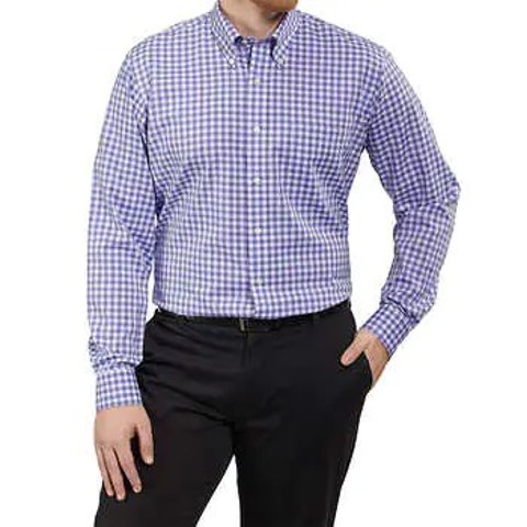 KIRKLAND SIGNATUR Mens Traditional Fit Button Front Long Sleeve Shirt Navy Blue Plaid 