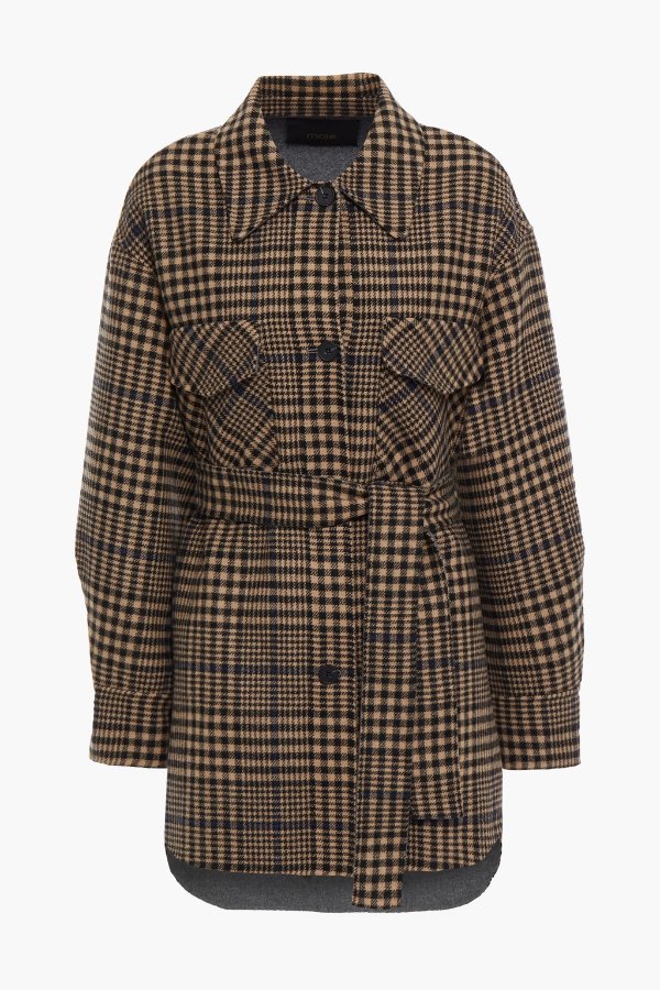 Belted brushed Prince of Wales checked wool-blend felt coat