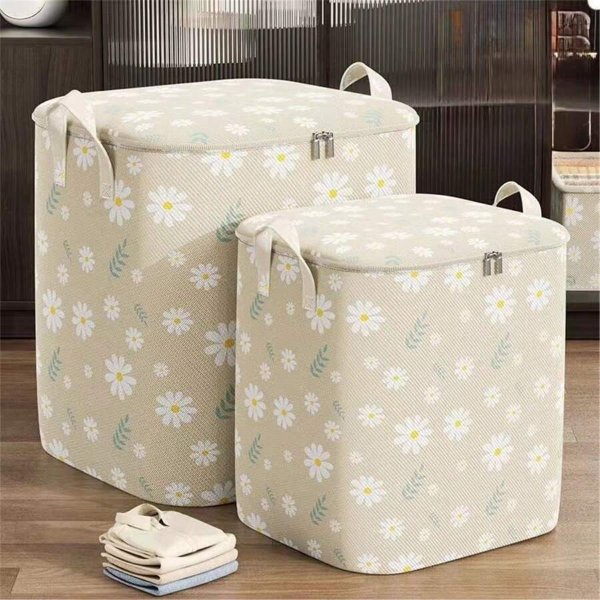 1pc Floral Printed Beige Bedding Storage Bag, Foldable Clothes Organizer For Travel And Home Use. Large Capacity For Clothes, Blankets, Bedding, Zipper Closure.