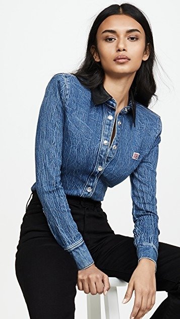 Denim Button Long Sleeve Shirt with Leather Collar