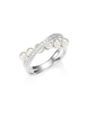 - Silver 4mm Round Pearl & Crystal Criss-Cross Ring