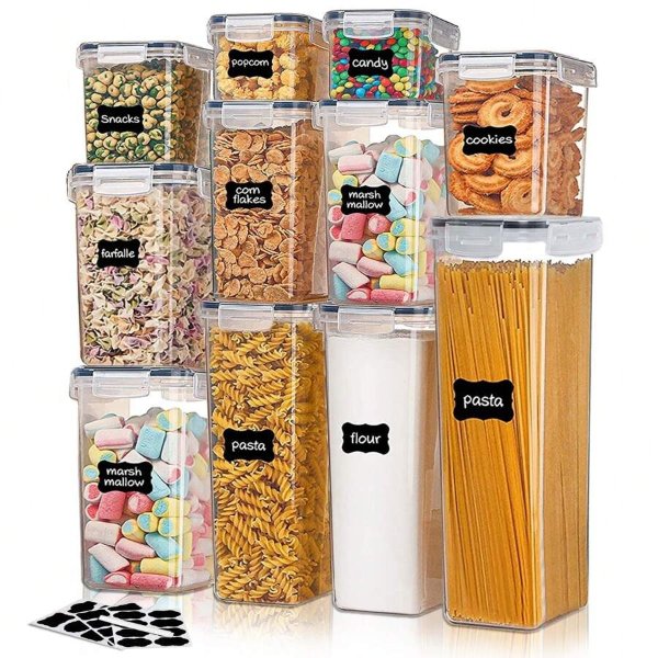 Essential Kitchen Sealed Food Storage Containers - 11 PCS Set With Plastic Canisters Featuring Lids, Labels, And A Marker. Perfect For Organizing And Storing Pantry Essentials Like Grains, Flour, Cereals, Cookies, And Sugar. Dishwasher-Safe For Added Convenience