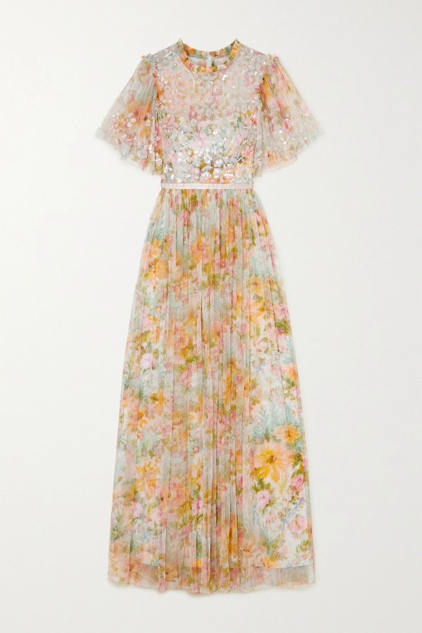 Sunset sequin-embellished floral-print tulle gown