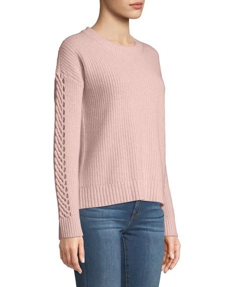 Cashmere Braided-Sleeve Ribbed Pullover