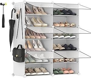Shoe Rack, 6 Cubes Shoe Organizer with Doors, 24 Pair Plastic Shoe Storage Cabinet, for Bedroom, Entryway, Steel Frame, Plastic Panel, White ULPC033W01