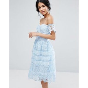 Chi Chi London Off Shoulder Midi Dress In Paneled Lace