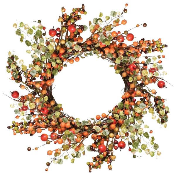 22" Autumn Harvest and Green Berries With Leaves Wreath - Farmhouse - Wreaths And Garlands - by Northlight Seasonal