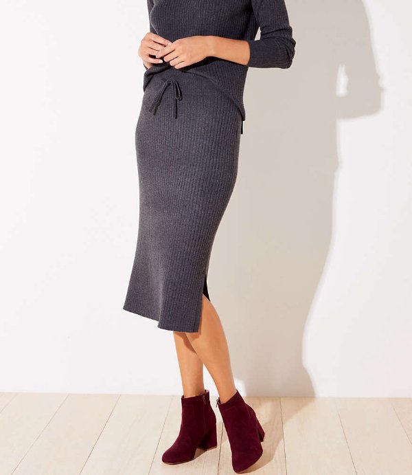 Ribbed Drawstring Midi Sweater Skirt 