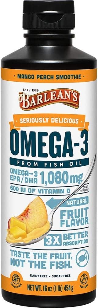 Mango Peach Omega-3 Fish Oil Supplements - 1,080 mg of EPA/DHA, 600 IU Vitamin D3 for Brain, Heart, Joint and Immune Health - Non-GMO, Gluten-Free, All-Natural Fruit Smoothie - 16 oz