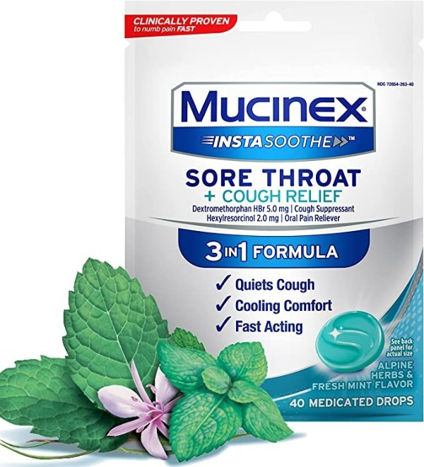 InstaSoothe Sore Throat + Cough Relief Alpine Herbs & Mint Flavor, Fast Acting, Cooling Comfort, Powerful Sore Throat Oral Pain Reliever, 40 Medicated Drops