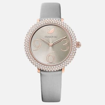 Crystal Frost Watch, Leather Strap, Gray, Rose-gold tone PVD by SWAROVSKI