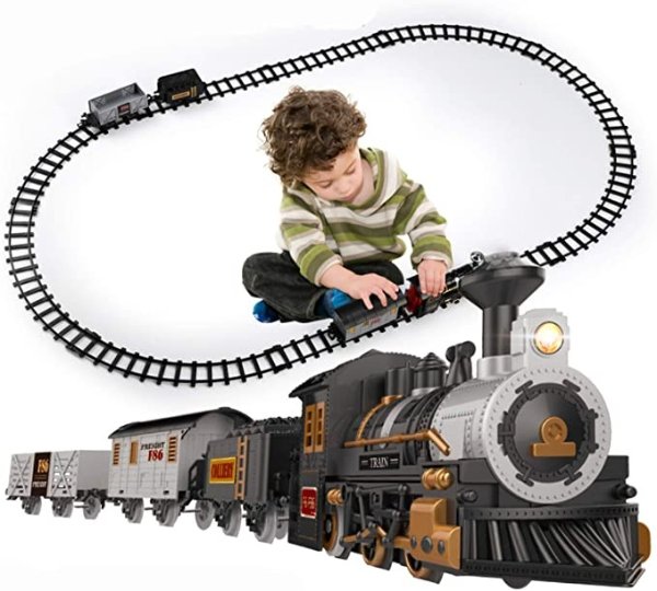 iHaHa Electric Train Set for Kids, Battery-Powered Train Toys with Light & Sounds Include Locomotive Engine, 3 Cars and 10 Tracks, Classic Toy Train Set Gifts for 3 4 5 6 Years Old Boys Girls
