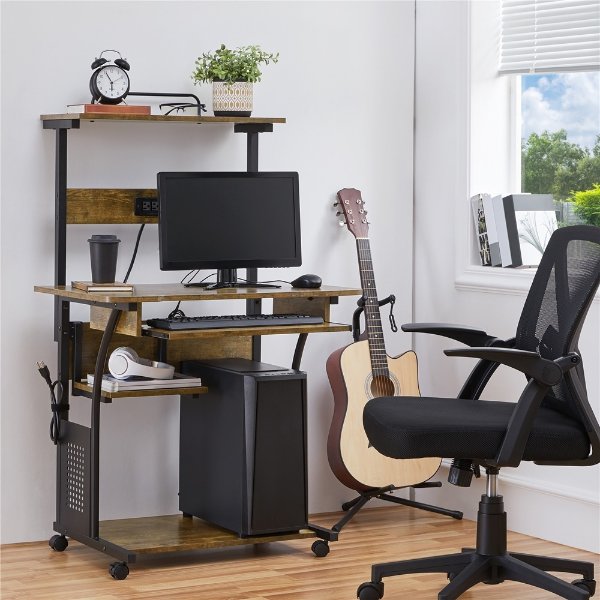 3 Tiers Computer Desk with Charging Station for Home Office,Rustic Brown