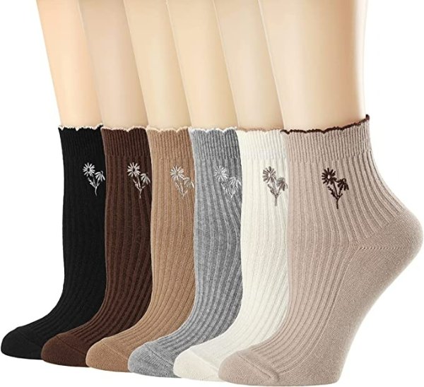Mcool Mary Womens Socks, Ruffle Turn-Cuff Casual Ankle Socks Cool Thin Cotton Knit Lettuce Crew Frilly Sock 6 Pack