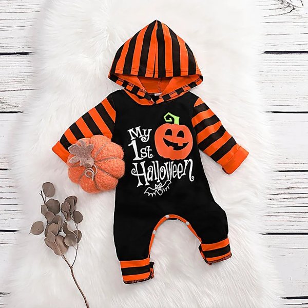 Halloween Letter and Pumpkin Long-sleeve Baby Hoodie Jumpsuit