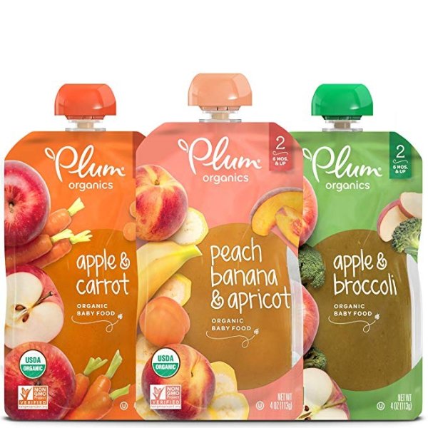 Plum Organics Stage 2, Organic Baby Food, Variety Pack, Apple and Carrot, Apple and Broccoli, Peach, Banana and Apricot, 4 ounce pouch, Pack of 18 (Packaging May Vary)