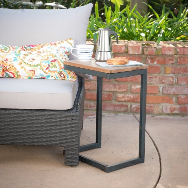 GDF Studio Bayrain Outdoor Antique Finish Firwood C Shaped Table - Industrial - Outdoor Side Tables - by GDFStudio