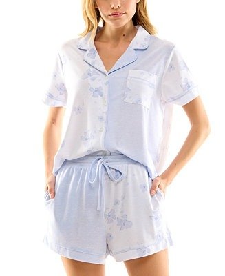Women's Notch-Collar Mixed-Print Pajama Set