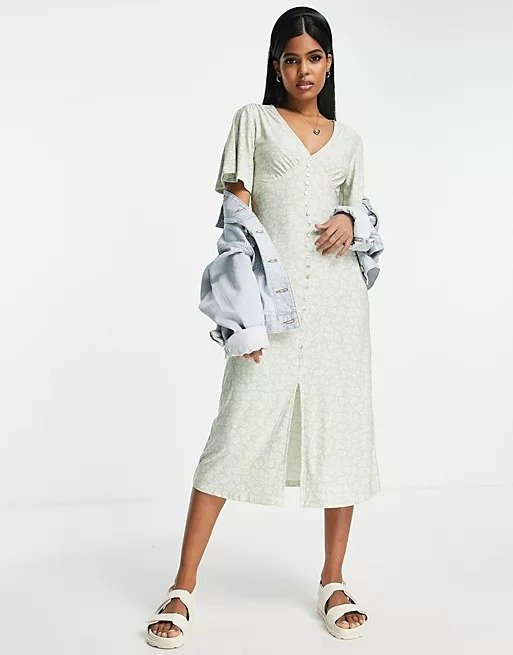soft touch button up angel sleeve midi dress in sage floral print