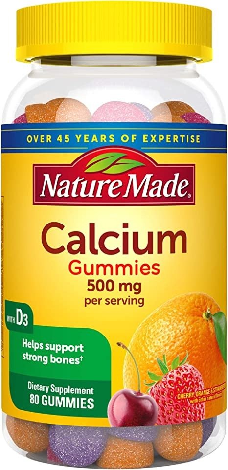 Calcium Gummies 500 mg Per Serving with Vitamin D3, Dietary Supplement for Bone Support, 80 Gummies, 40 Day Supply