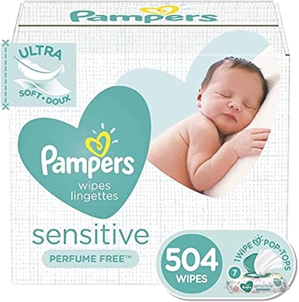 Baby Wipes, Pampers Sensitive Water Based Baby Diaper Wipes, Hypoallergenic and Unscented, 7 Pop-Top Packs, 504 Count Total Wipes (Packaging May Vary)