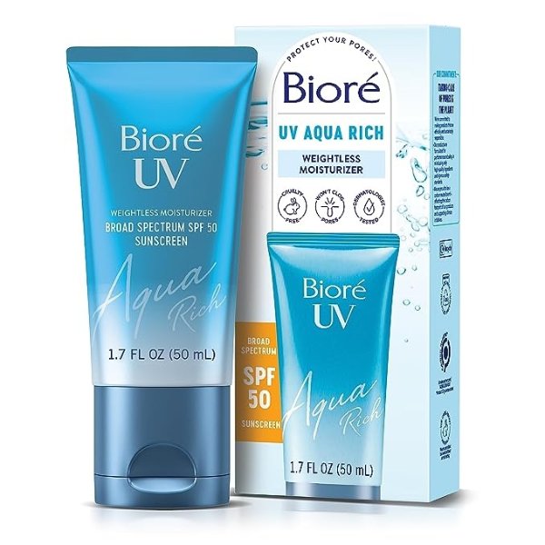e UV Aqua Rich SPF 50 Moisturizing Sunscreen for Face, Oxybenzone & Octinoxate Free, Dermatologist Tested, Vegan, Cruelty Free, For Sensitive Skin, 1.7 Oz