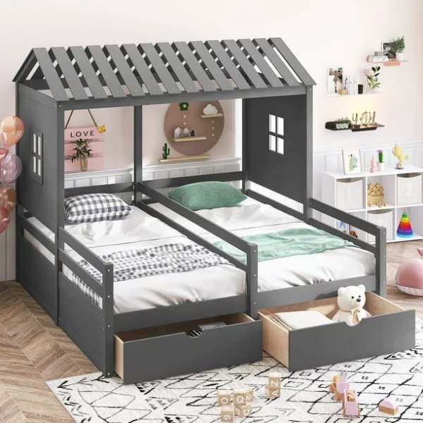 Twin Wood House Double Platform Beds with for Kids, Gray