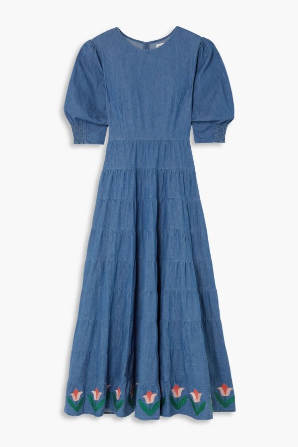 Kristen tiered embroidered cotton-chambray maxi dress